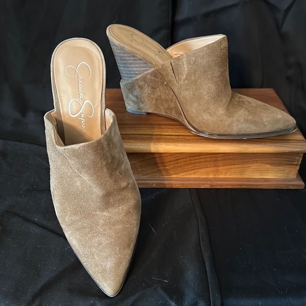 Jessica Simpson wedge mules in brown suede.